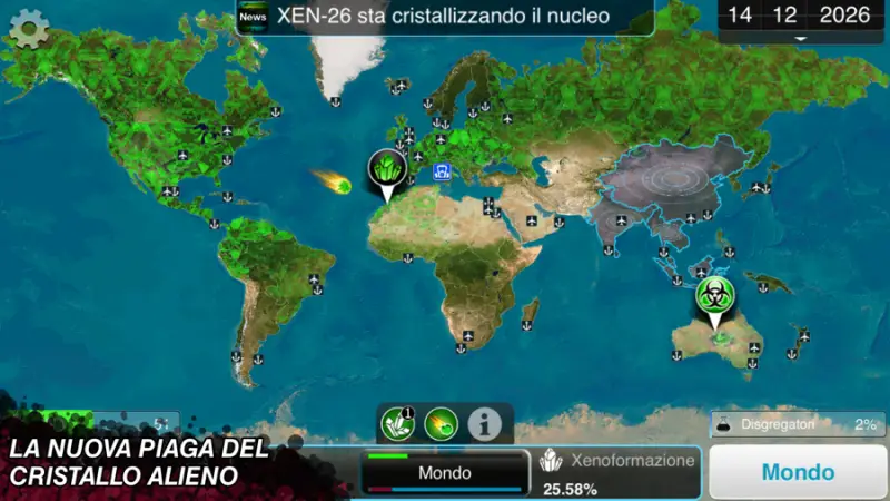Schermata italiana di Plague Inc.: mappa del mondo con i continenti colorati dal contagio, percentuali e barre di avanzamento nella parte bassa dello schermo.