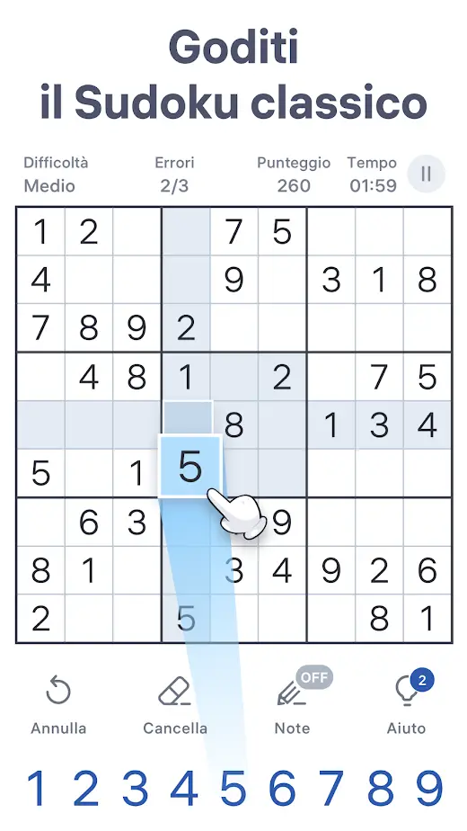 Schermata italiana di Sudoku.com: griglia classica con difficoltà media, contatore errori 2 su 3, punteggio e cronometro in alto, tastierino numerico in basso.